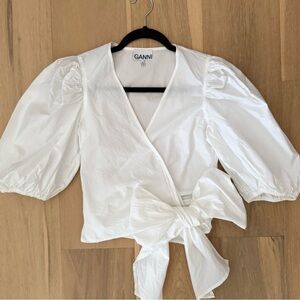 GANNI Cotton Poplin Blouse with Puff Sleeves